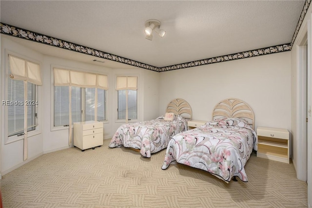 bedroom with light colored carpet