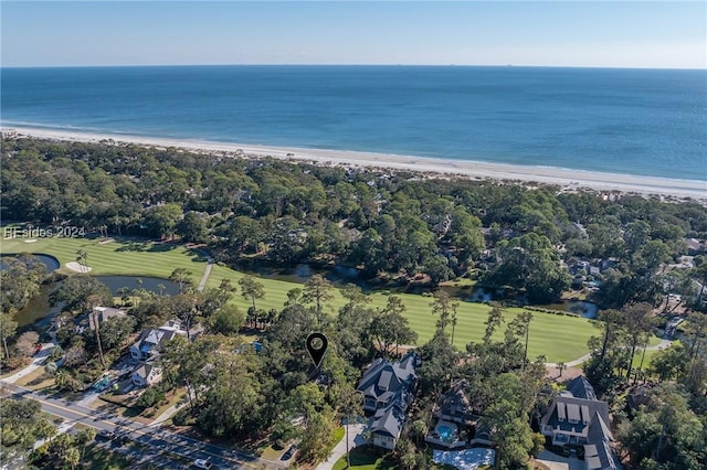 bird's eye view featuring a view of the beach and a water view