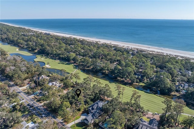 aerial view featuring a water view and a beach view