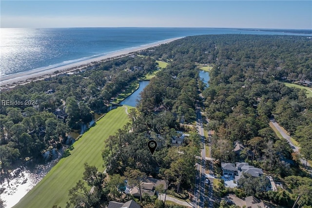 bird's eye view featuring a view of the beach and a water view