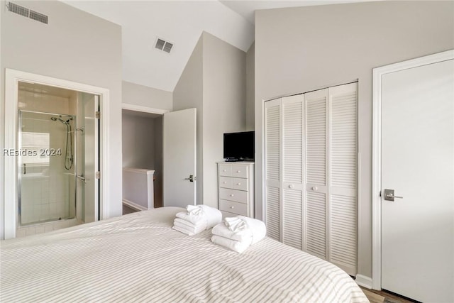 bedroom featuring lofted ceiling and a closet