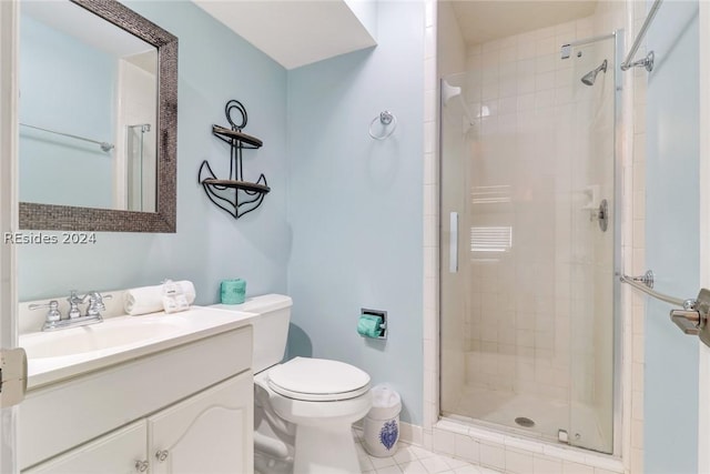 bathroom featuring walk in shower, tile patterned floors, vanity, and toilet