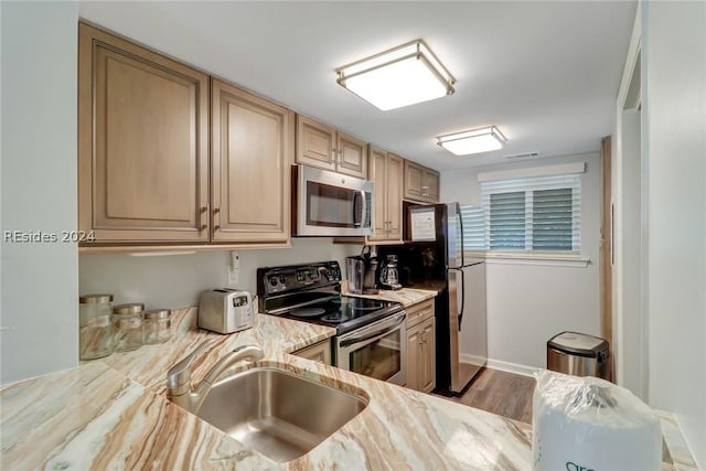 kitchen featuring sink, wood-type flooring, stainless steel appliances, and light brown cabinets