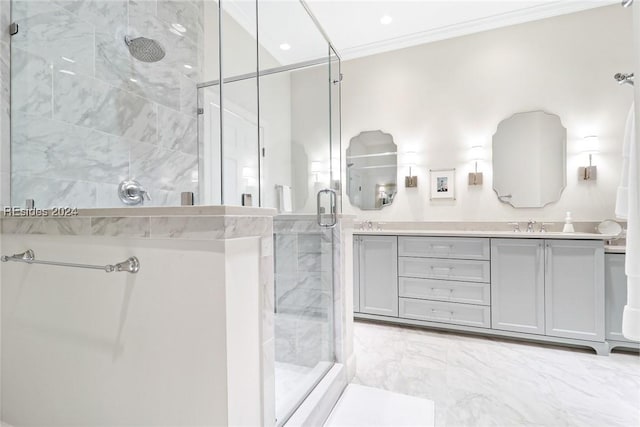 bathroom featuring vanity, crown molding, a shower with door, and tile walls