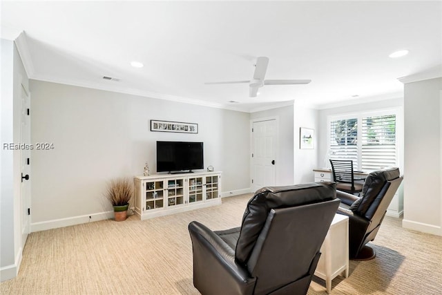 carpeted living room featuring crown molding and ceiling fan