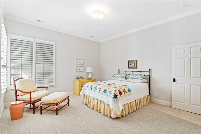 carpeted bedroom with crown molding