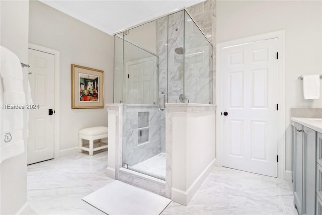 bathroom featuring vanity and a shower with door