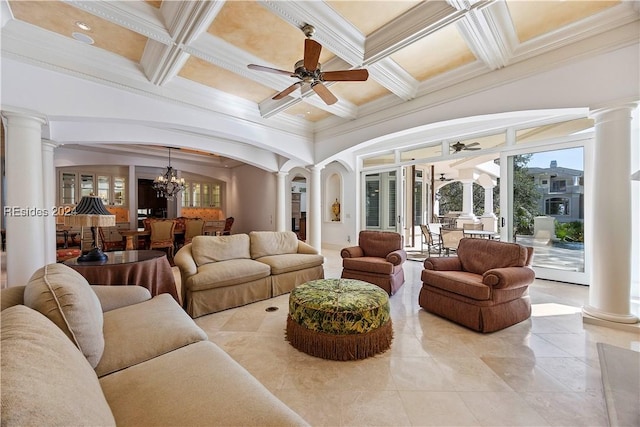 living room featuring decorative columns, ornamental molding, coffered ceiling, and beam ceiling