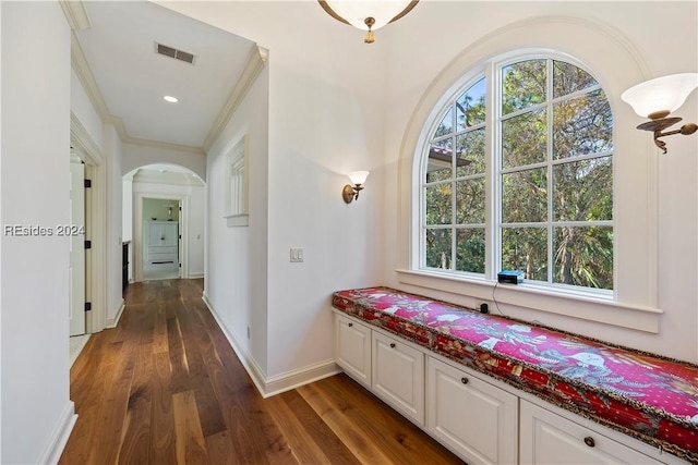 hallway with crown molding, a wealth of natural light, and dark hardwood / wood-style floors