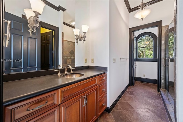 bathroom featuring crown molding, a shower, and vanity