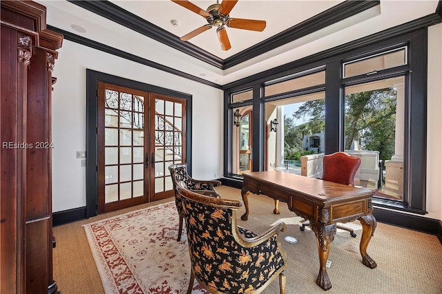 office area featuring a tray ceiling, plenty of natural light, ornamental molding, and french doors