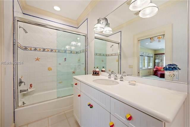 bathroom featuring crown molding, vanity, shower / bath combination with glass door, and tile patterned flooring