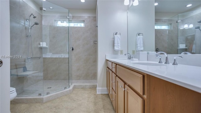 bathroom featuring vanity, toilet, and walk in shower