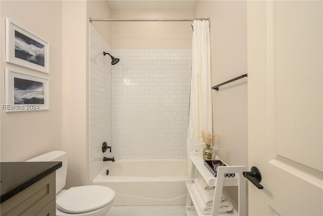 full bathroom with shower / bath combination with curtain, vanity, toilet, and tile patterned flooring