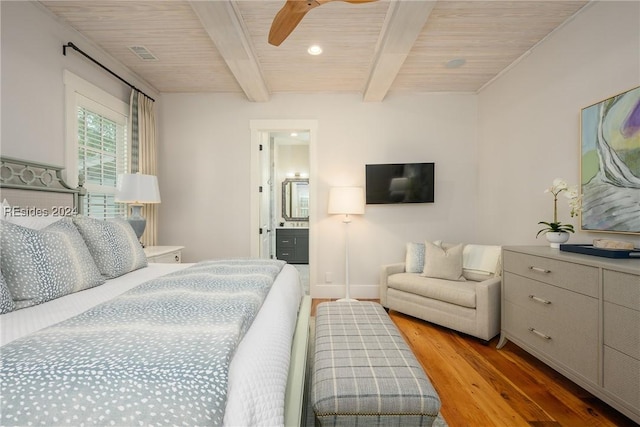 bedroom featuring wood ceiling, ceiling fan, ensuite bathroom, beamed ceiling, and light wood-type flooring