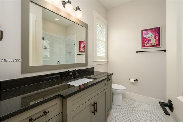 bathroom with tile patterned flooring, vanity, toilet, and an enclosed shower