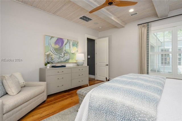 bedroom with beam ceiling, light hardwood / wood-style flooring, wooden ceiling, and ceiling fan