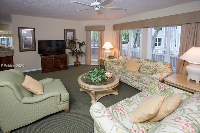 living room with ceiling fan, carpet floors, and a textured ceiling