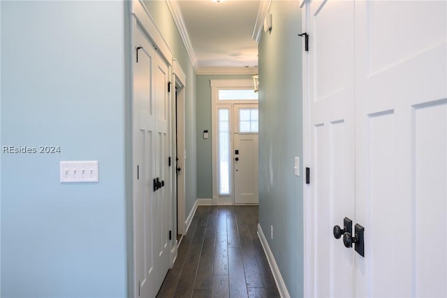 entryway featuring crown molding and dark hardwood / wood-style floors