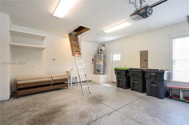 garage with water heater, sink, a garage door opener, and electric panel