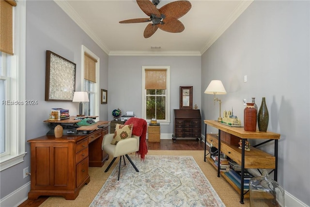 office with ornamental molding and ceiling fan