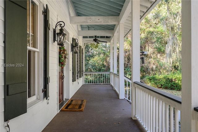 exterior space with ceiling fan and covered porch