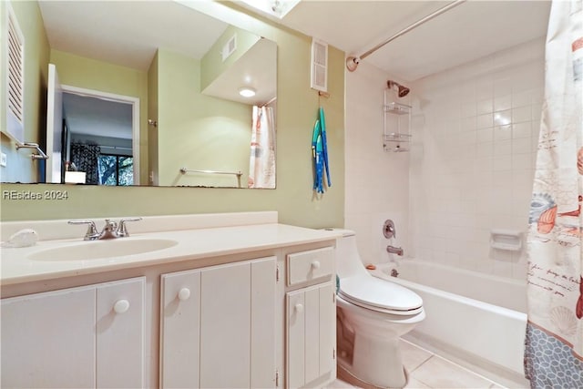 full bathroom with shower / bath combination with curtain, tile patterned floors, vanity, and toilet