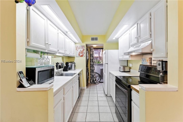 kitchen with light tile patterned floors, sink, dishwasher, white cabinetry, and black range with electric stovetop