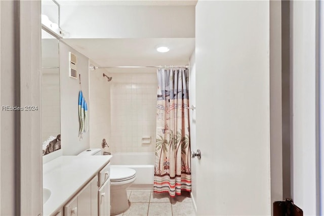 full bathroom with vanity, shower / bath combination with curtain, tile patterned floors, and toilet