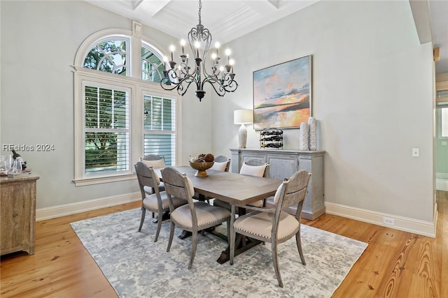 dining room featuring beamed ceiling, coffered ceiling, an inviting chandelier, and light hardwood / wood-style flooring