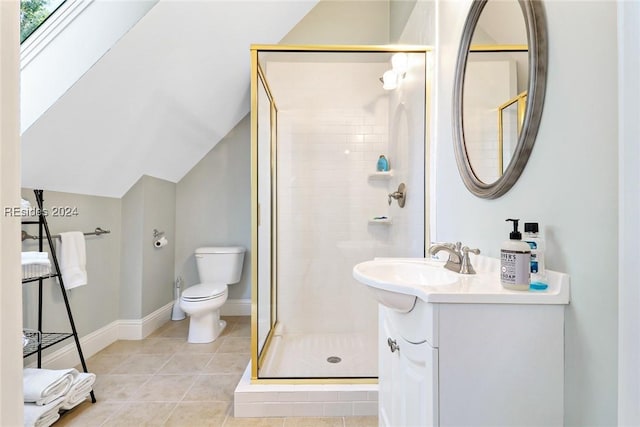 bathroom with lofted ceiling, vanity, an enclosed shower, toilet, and tile patterned floors