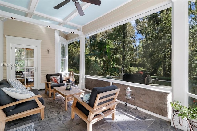 sunroom featuring ceiling fan, coffered ceiling, and beam ceiling