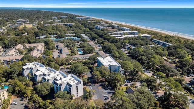 birds eye view of property featuring a view of the beach and a water view