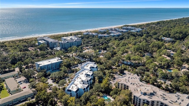 aerial view with a view of the beach and a water view