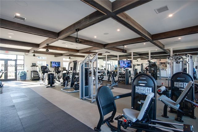 gym with french doors and coffered ceiling