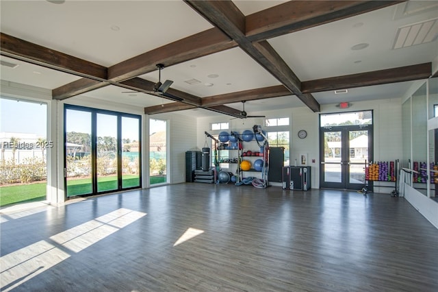 interior space featuring coffered ceiling, dark hardwood / wood-style floors, french doors, and ceiling fan