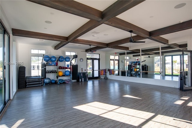 gym with a wealth of natural light, french doors, and wood-type flooring