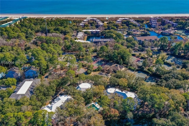 bird's eye view with a water view