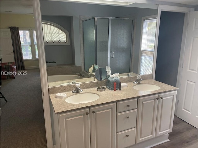 bathroom featuring vanity, wood-type flooring, and independent shower and bath