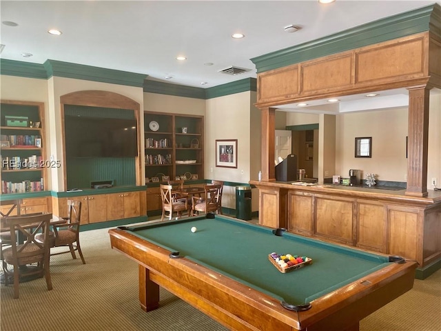 game room with crown molding, built in shelves, billiards, and carpet flooring