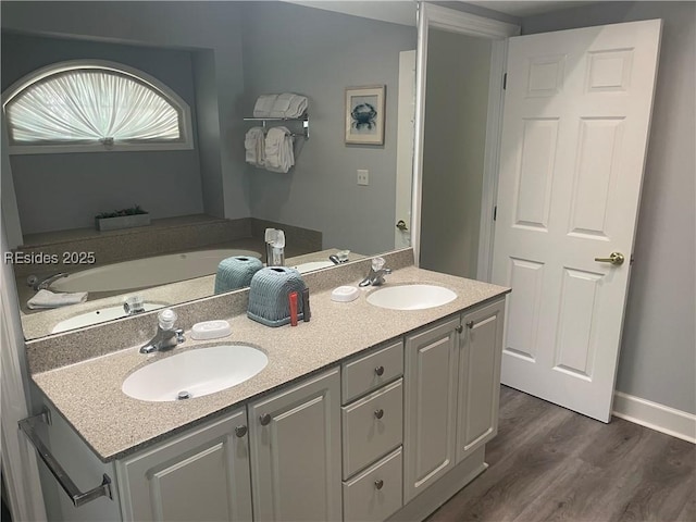 bathroom with vanity and hardwood / wood-style flooring