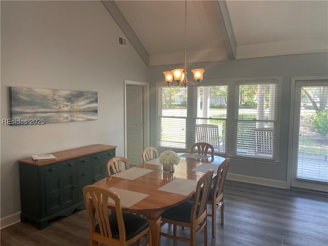 dining room featuring beamed ceiling, high vaulted ceiling, dark hardwood / wood-style floors, and a chandelier