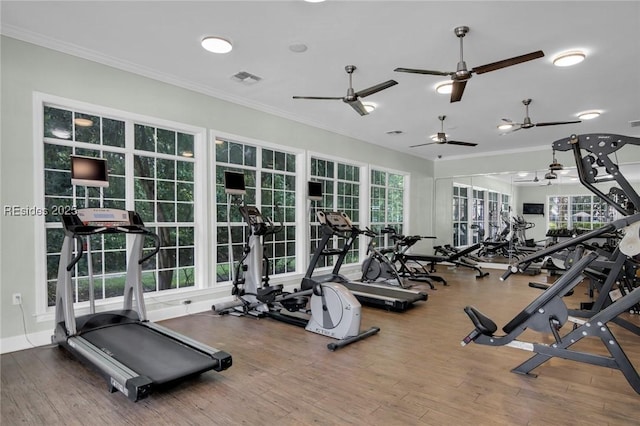 workout area featuring wood-type flooring and ornamental molding