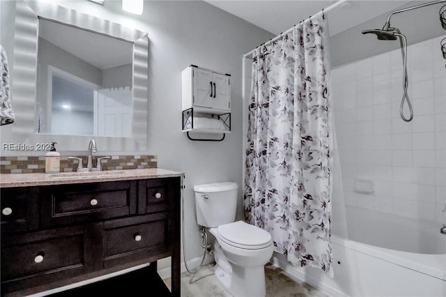 full bathroom with vanity, toilet, backsplash, and shower / tub combo with curtain