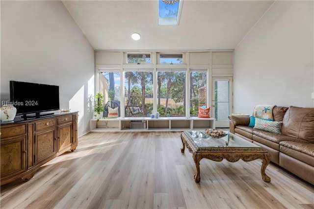 living room featuring light hardwood / wood-style floors and a skylight