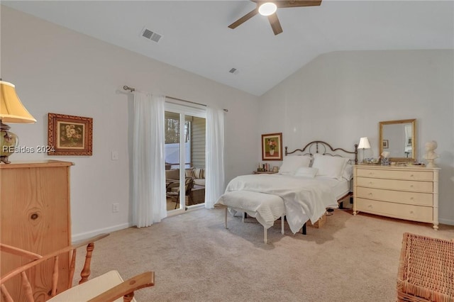 bedroom with ceiling fan, lofted ceiling, access to exterior, and light carpet