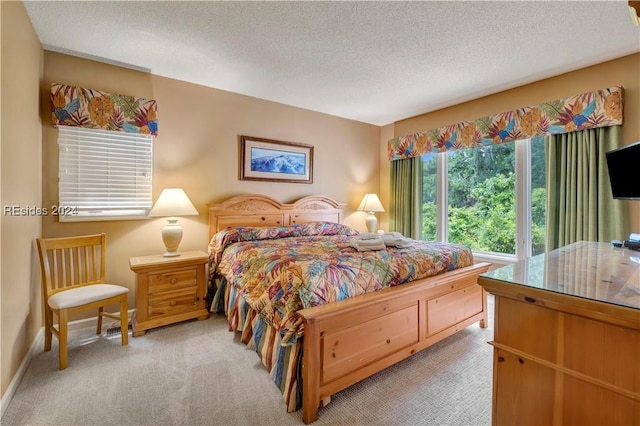 carpeted bedroom with a textured ceiling