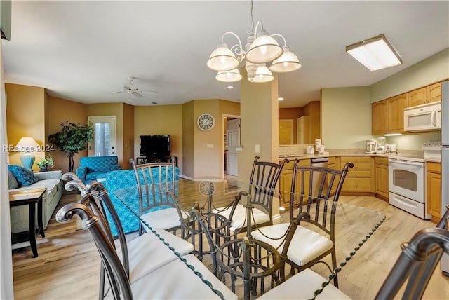 dining room featuring ceiling fan with notable chandelier and light hardwood / wood-style flooring