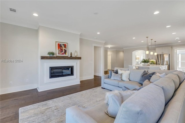 living room with wood-type flooring and crown molding