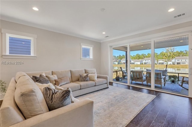 living room with a water view and dark wood-type flooring